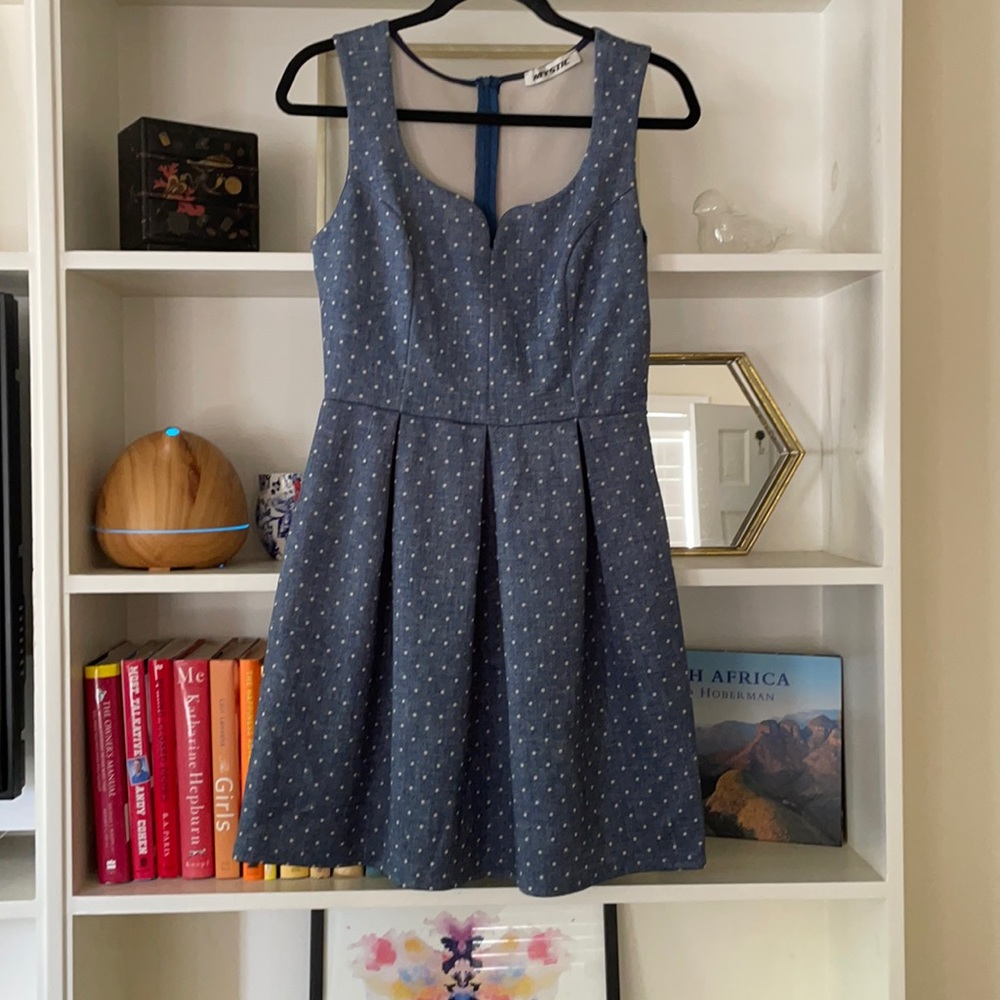 Blue polkadot skater dress sweetheart neckline